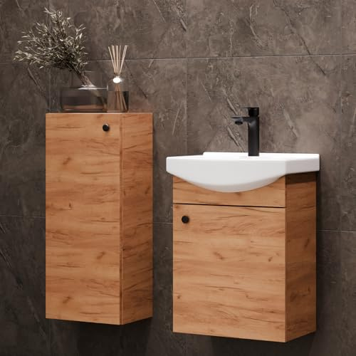 Planetmöbel Badmöbel Set Waschtisch mit Unterschrank | 45 x 60 x 33 cm, Midischrank 32 x 75 x 23 cm für Badezimmer, Gäste WC & Bad, Gold Eiche