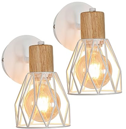 DAXGD Wandleuchte Innen 2 Stück, Weiße E27 wandlampe, Verstellbare Wandleuchte aus Metall und Holz für Schlafzimmer, Esszimmer, Flur