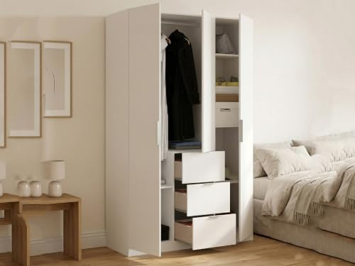Dmora - Armoire Falterona, Portemanteau pour Chambre, Armoire avec 3 Portes battantes et 3 tiroirs, 135x52h204 cm, Blanc
