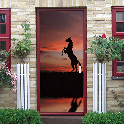 Fototapete Türtapete Selbstklebend Türposter - Abnehmbar Fototapete Türfolie Poster Tapete Mode Sonnenuntergang Pferd 3D Türaufkleber Für Innentüren, Wohnzimmer Schlafzimmer Küche Bad 77X200Cm