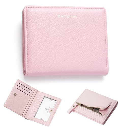 Sugeru Portemonnaie Kleines Mini Kurzer Damen aus Weichem PU Leder mit Schnappverschluss | Geldbörse Damen Viele Fächer,Kreditkartenetui,Ausweisfenster,Münzfach Zipper,Geldbeutel Kurzformat (Rosa)