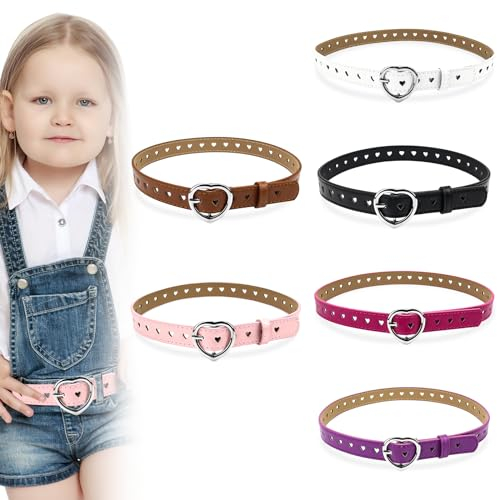 Vegena Kinder Gürtel, 6 Pcs Elastische Gürtel Für Mädchen, Kindergürtel Mädchen mit Herz Schnalle Taillengürtel Kinder Pu Ledergürtel Herzförmige Elastische Taillengürtel Mädchen Hosen Röcke Jacken