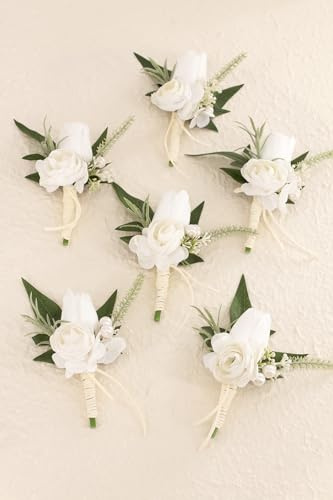 Yelinart Set of 6 White Boutonniere for Men Wedding Groom Groomsmen Artificial Tulip Rose Flowers Boutonniere for Prom Homecoming Ceremony Anniversary Formal Dinner Party