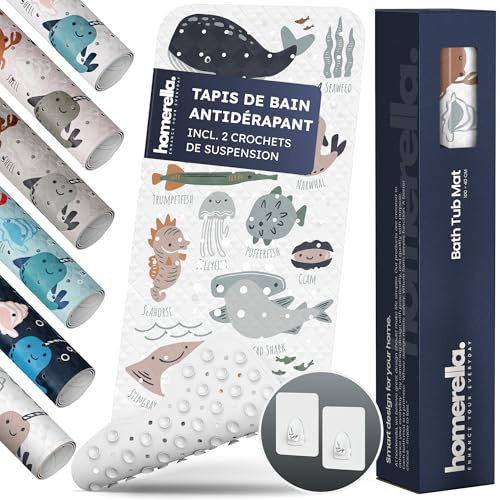 homerella® Alfombra de baño Antideslizante y Delicada con la Piel, 100x40cm, Incl. Ganchos | Esterilla de Tina sin BPA | Estera Resistente al Moho y Lavable a máquina | Alfombrilla de baño