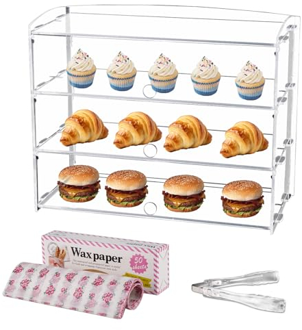 BAOSHISHAN Présentoir à pâtisserie en acrylique transparent à 3 niveaux pour pâtisserie, tasses, gâteaux, beignets avec pince de service à gâteaux, 50 x 40 x 24 cm