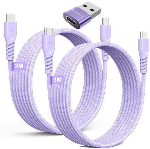 TECHGEAR Cable cargador largo USB C a USB C 60W (3M+3M+Adaptador) Cable trenzado fuerte tipo C a C Cable de datos de carga rápida Compatible con iPhone 15, iPad Pro 2022, iPad Air 4/5, Samsung S24/S23
