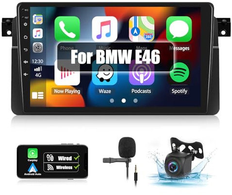 CAMECHO Android 13 Autoradio für BMW E46 Radio mit Navi Carplay Android Auto,9 Zoll Auto Radio Touch Display mit FM RDS Lenkradsteuerung Bluetooth und USB+Rückfahrkamera