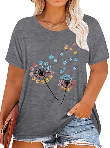 Tiorhooe - Camiseta de talla grande para mujer, de color amarillo, con estampado de diente de león, camiseta casual de manga corta de talla grande, Gris1., 4XL