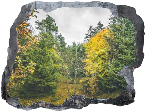 Indigos UG - Wandtattoo Wohnzimmer 3D Effekt - 40x23 cm - Wandaufkleber - Wald - Durchbruch Wanddeko - Graue Wand - Landschaft, Ausblick - für Wohnzimmer, Schlafzimmer, Küche, Bad, Kinderzimmer