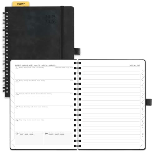 POPRUN Agenda 2025 2026 Semana Vista Espiral 22 x 16,5 cm, Una Página por Semanal con Una Página de Notas 17 Meses de Ago.2025 a Dic.2026, 80 GSM Papel, Negro