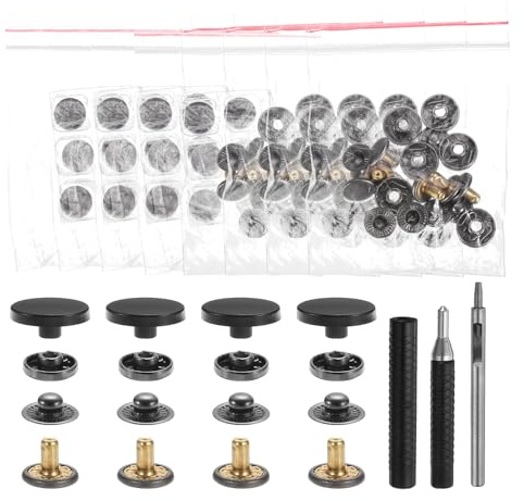 sourcing map 24 Set Leather Snap Fasteners Kit 20mm Metal Snap Button Press Studs Leather Rivets Snaps with 3 Setter Tools for Clothes Jackets Jeans Wears Bags, Black