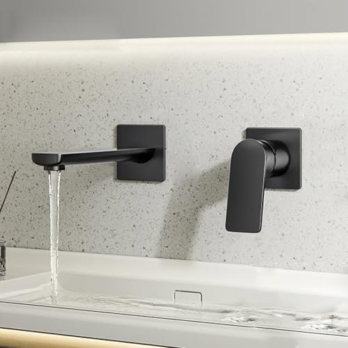 BiaoTeng Robinet Encastrer Lavabo 2 Trous Laiton Chaud et Froid Mural Robinet Encastré Salle de Bain Mitigeur de Lavabo Noir