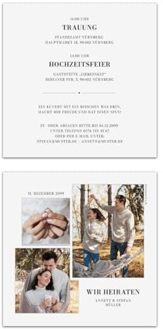 Personalisierte Hochzeit Foto Einladungskarten im Fotocollage Motiv, ab 10 bis 100 Stück selbst gestalten, quadratische Klappkarte, dickes 300g/qm Papier, detaillierter Druck