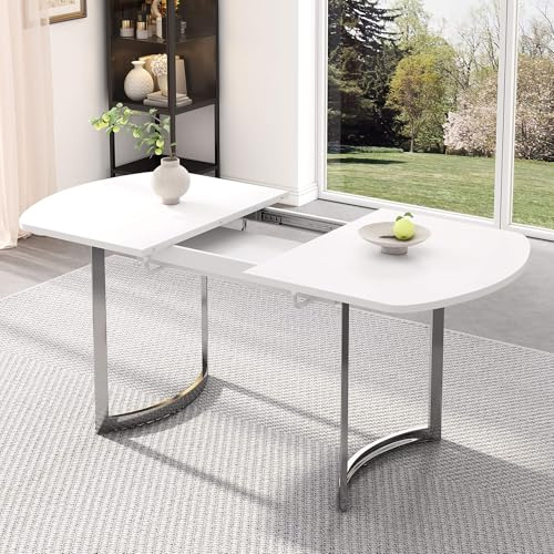 DRIXNO Ausziehbarer Esstisch 140/180 x 80 cm, ausziehbare Länge 180 cm,hochfeste Legierungshalterung, geeignet für 4–6 Personen, weiße + versilberte Tischbeine