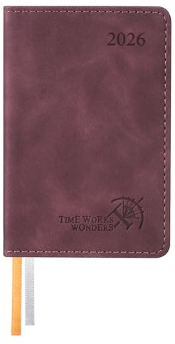 POPRUN Mini Taschenkalender 2026 Klein 12 x 8 cm - auf Deutsch - Kalender 2026 A7 Softcover mit PU-Leder - Terminplaner mit 70 GSM Papier - Weinrot