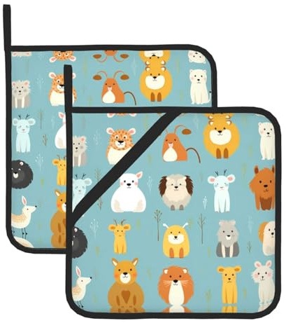 WHJWZY Set di 2 presine da cucina resistenti al calore e durevoli, con corda per appenderla, vari motivi con animali dei cartoni animati