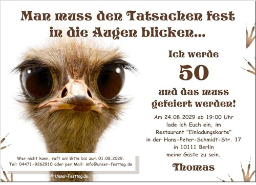 Einladungen für Geburtstagsfeiern, jedes Alter möglich 40 50 60, Witziges | Motiv Vogel Strauß mit großen Augen, DIN A6 - 20 Karten