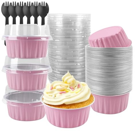 Porceosy Moldes desechables para hornear de papel de aluminio, para mousse, pudín y brownies, bandeja para hornear porciones personales, color rosa, 20 unidades