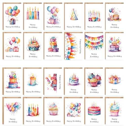 Biglietto Auguri Compleanno, 24 Pezzi Biglietti Auguri Compleanno con Busta, Cartoline Biglietti Compleanno, Biglietti Compleanno Divertenti, Biglietti d'Auguri Compleanno per Famiglia Bambini Amici