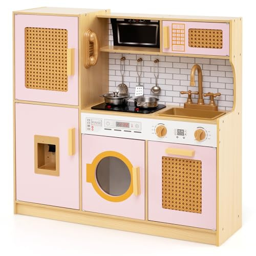COSTWAY Leksakskök, leksakskök i trä med rattandörrar, ljus och ljud, kylskåp, vattendispenser, tvättmaskin & koktillbehör, leksakskök för barn från 3 år (Rosa)