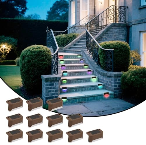 XhuangTech Solar Deck Lights Outdoor 12 Pack, Solar Step Lights Waterproof LED Solar Powered Outdoor Lights for Deck Stair Fence Railing Wall Garden Backyard (Multicolor-Brown)