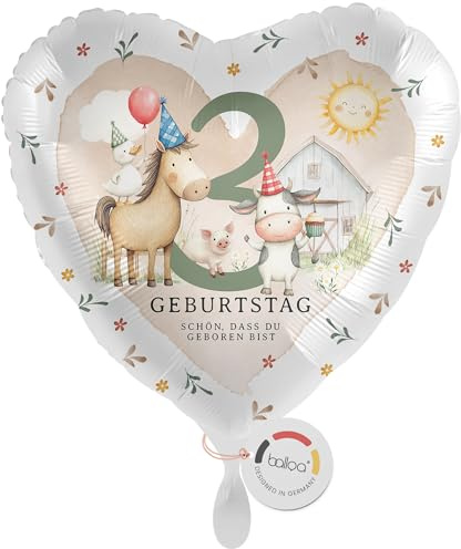 balloa Folienballon Herz Bauernhof Tiere Pferd Kuh Schwein Gans mit Zahl 3, Geschenk zum 3. Geburtstag für Kinder, Helium geeignet Luftballon, Deko Idee Mädchen Jungen, Geburtstagsdekoration, 33cm