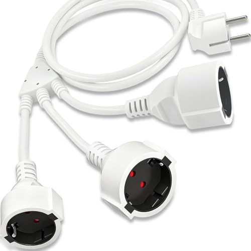 Doppelstecker für Steckdose 1.5M Verlängerungskabel 3 Fach Schuko Steckdosen Steckdosenadapter Mehrfachsteckdose Doppelsteckdose Steckdose Steckdosenverteiler für Haus Büro Küche, 250V 16A, Weiß