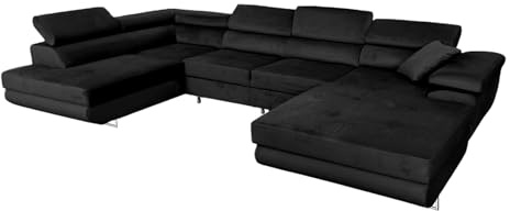 COMFORTINO FURNITURE Ecksofa mit Schlaffunktion Rodrigo U-Form, Sofa Couch mit Bettkasten, 3-Sitzer Eckcouch, Schlafsofa für Wohnzimmer, Big Sofa Couch mit Schlaffunktion (Schwarz, Links)
