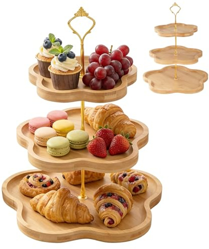 DUJUST Présentoir Élégant en Bois à 3 Niveaux pour Cupcakes avec Design en Forme de Fleur, Plateau en Bambou pour Cupcakes,Desserts,et Décoration de Rustique et Maison,Facile à Installer et à Nettoyer