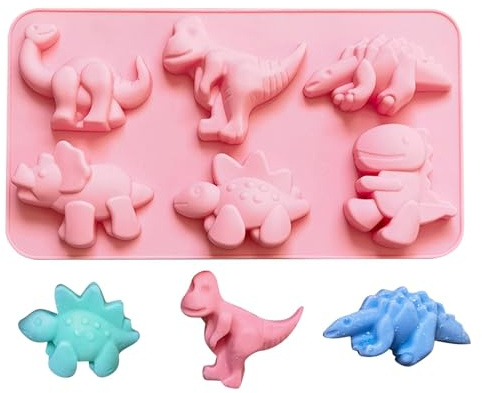 6-Cavity Dinosaur Silicone Mold, Reusable Baking and Crafting Tool for Chocolate, Cake, Soap, Pudding and Candy Molding Kit