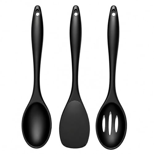 Set de 3 Cucharas de Silicona para Cocina, 27 cm, Resistente al Calor, Cucharón de Silicona, Espátula de Silicona, Mango Antideslizante, Diseño sin Costuras, Apta para Antiadherentes y Lavavajillas.