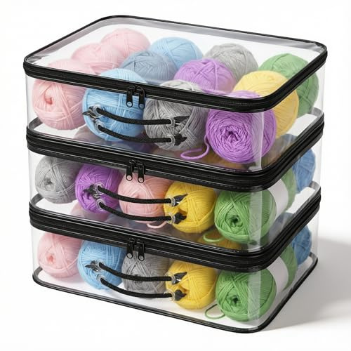 Zocipro 3 Stück Transparente Garn Aufbewahrungs aus PVC, Platzsparend | Staubdicht mit Reißverschluss & Griff, Aufbewahrung für Wolle, Häkel & Strickzubehör (40x30x10cm)