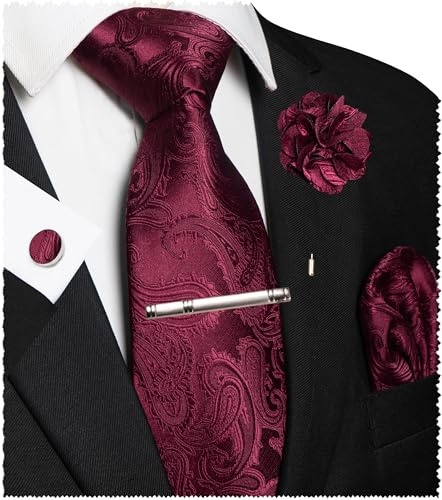 JEMYGINS Paisley Stickerei Design Krawatte Set Herren Einstecktuch Krawattenklammer Manschettenknöpfe Ansteckblume für Hochzeit Party Business Mehrfarbig Bordeaux
