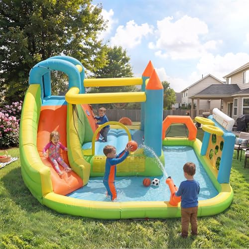 Castello Gonfiabile per Bambini 3 ai 10 anni, con Scivolo, Zona Salto, Parete Arrampicata, Canestri Basket, Zona Calcio, Pistole ad Acqua e Soffiatore, Gonfiabili: 360 * 320 * 200 cm