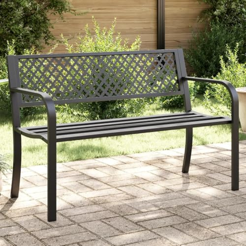 RCODSSK Panchina da giardino con braccioli e schienale, 119 cm, in acciaio verniciato a polvere, colore nero, per giardino e terrazza, portata fino a 110 kg