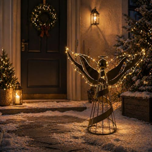 Online Fuchs Großer Engel aus Metall mit LED-Lichterkette & Timer - Deko Figur 48 cm groß - Weihnachtsdeko für draußen geeignet - Outdoor