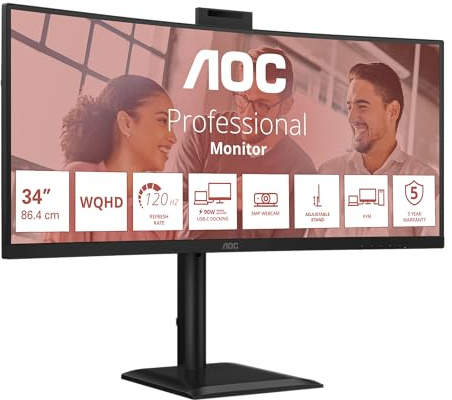 AOC Monitor CU34E4CW 34 pollici Curvo 3440x1440, UW-QHD, 120Hz, VA Panel, 4ms GtG, USB HubWebcam, Speakers, Height Adjustment, (HDMI2x 2.1 TMDS DP 1x 1.4) HDR Ready/HDR10, Nero
