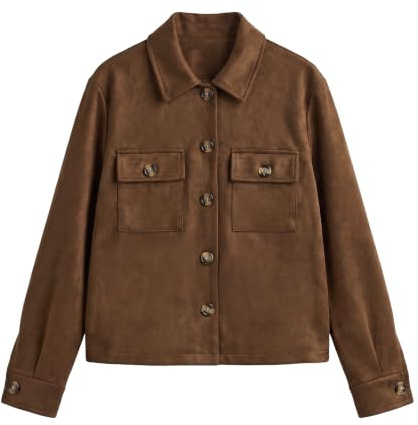 JASGOOD Women's Faux Suede Cropped Jacket Casual Button Down Shacket Jackets Spring Fall Long Sleeve Outerwear Lapel Coats with Pockets