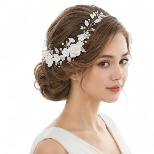 Sdhgerh Braut Haarschmuck Blume Braut Hochzeit Silber Kristall Perle Haar Accessoire Reben Blume Blatt Kopfschmuck für Frauen Hochzeitszeremonie Abschlussball