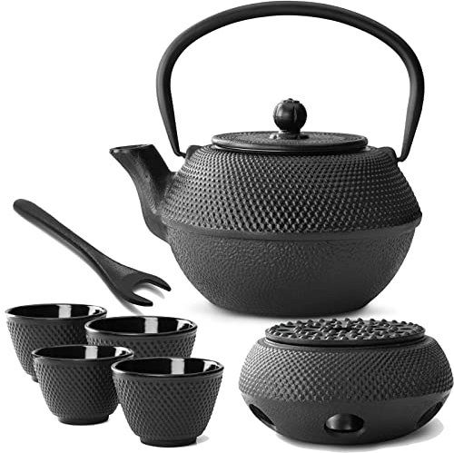 Bredemeijer Teekanne asiatisch Gusseisen Set 1.1 Liter - schwarze Gusskanne mit Henkel & Edelstahl Tee-Filter Sieb-Einsatz für losen Tee & 4 Teebecher (Tassen) & Stövchen & Deckelheber