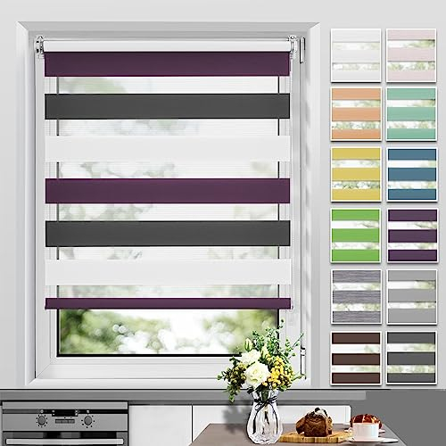 Allesin Doppelrollo Klemmfix ohne Bohren & mit Bohren, Duo Rollos für Fenster und Tür, Klemmrollo Fensterrollo lichtdurchlässig, Sichtschutz und Sonnenschutz, 50x120cm (BxH), Weiss-Lila-Anthrazit