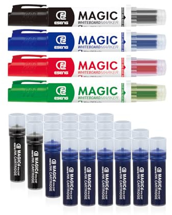 ESENG® Whiteboard märkpennor set om 28, paket inkl. MAGIC WM-218 märkpennor (1 x 4 färger) & WM-218T bläckpatron (2 x 6 svart + 2 x 6 blå)