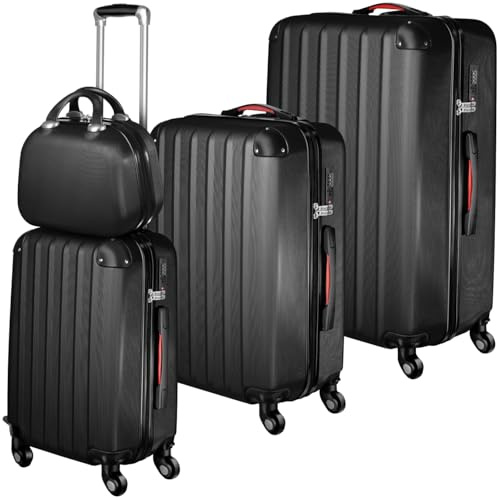 tectake® Juego de 3 Maletas Rígidas de Plástico ABS y 1 Neceser, Tamaños XL-L-M, Set Maletas Viaje con Ruedas de 360º Extraíbles, Cerradura de Combinación TSA, Asas Laterales y Asa Telescópica - negro