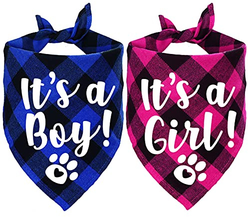 STMK It's A Boy It's A Girl Plaid Dog Bandana, Pregnancy Announcement Dog Bandana, Baby Announcement Dogs Bandanas Gender Reveal Photo Prop for Dogs (Blue & Pink)