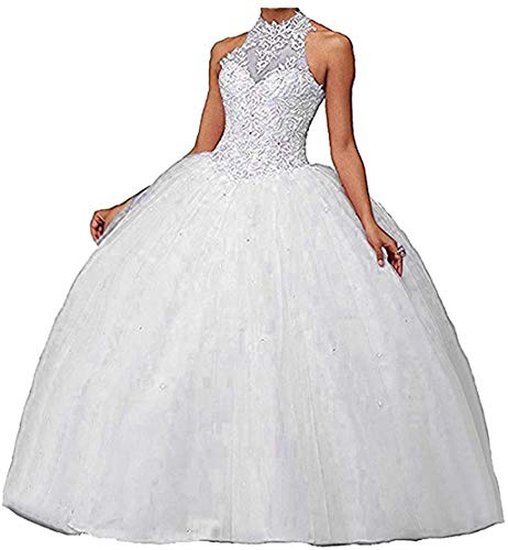 QXMYOO Women Ball Gown Prom Party Halter Lace Quinceanera Dress Sweet 16 Dresses White