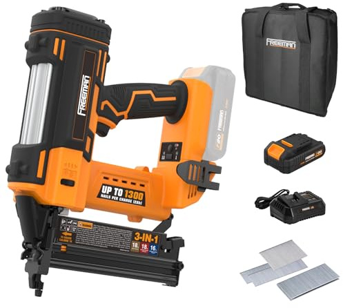 Freeman PE20V31618G 20 Volt Cordless 3-in-1 16 and 18 Gauge Nailer/Stapler Kit with Lithium Ion Battery, Charger, Bag, and Fasteners (600 Count) – 1300 Shots Per Charge