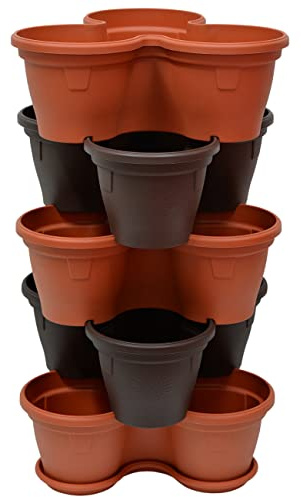 ENGELLAND 5X Blumentopf Säulentopf Pflanzturm Hochbeet mit Untersetzer stapelbar Kunststoff Farbmix Braun Terrakotta