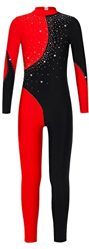 iiniim Kids Girls Long Sleeve Turtleneck Unitards Jumpsuit One Piece Full Body Leotard Gymnastic Bodysuit Dance Costumes Black&Red 10 Years