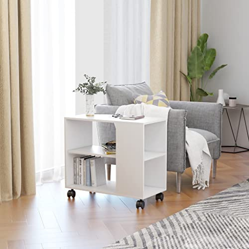 FIRBNUS Beistelltisch Weiß - 70x35x55 cm mit Rollen für Sofa oder Bett aus Holzwerkstoff