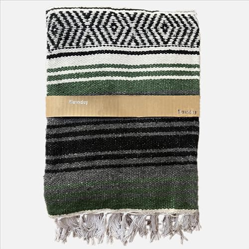 Kiuwxduy mexikansk manuellt stickad filt, soffa, meditation, yogamatta, boho utomhus, camping, picknickfilt, festivalfilt (grön)